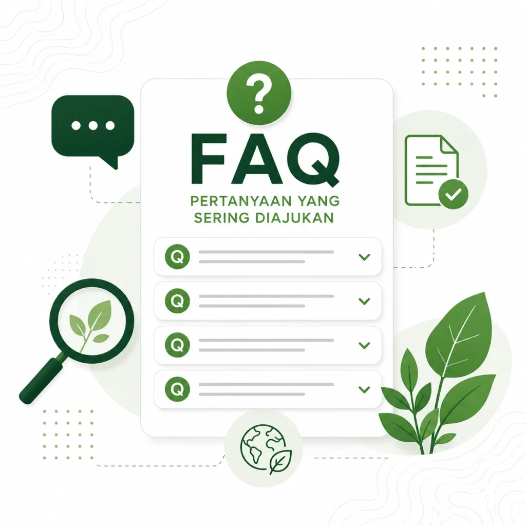 Ilustrasi FAQ layanan konsultansi perizinan lingkungan PT Sentosa Indonesia Consultant (SEIC) dengan desain vector yang menampilkan pertanyaan umum, dokumen, dan elemen lingkungan.