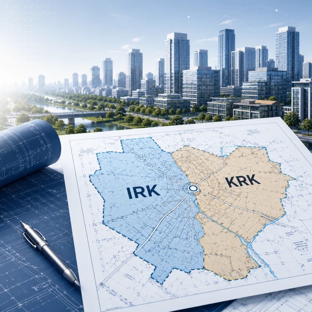 Ilustrasi Informasi Rencana Kota (IRK) dan Keterangan Rencana Kota (KRK) dengan peta tata ruang, blueprint, dan kawasan pembangunan modern.