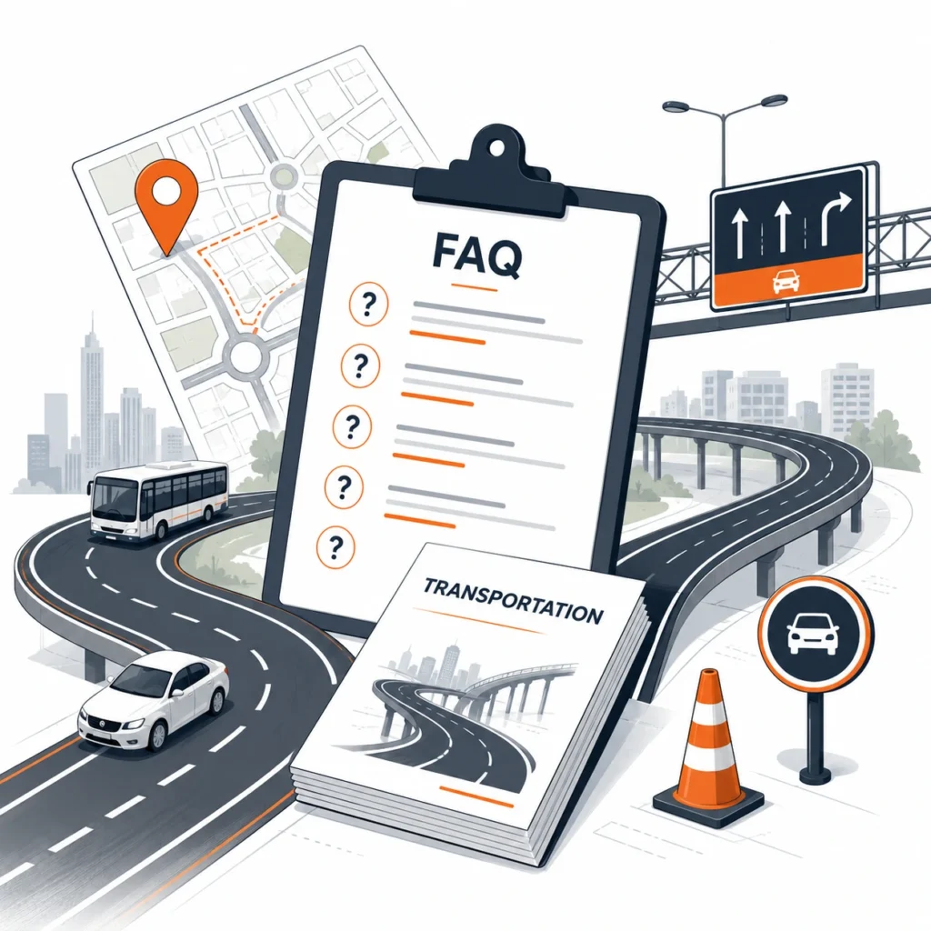 Flat vector illustration representing frequently asked questions about transportation consulting services including ANDALALIN, transportation planning, traffic analysis, road infrastructure, and regulatory compliance in Indonesia.